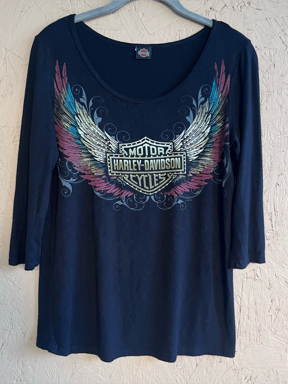 Harley-Davidson Black Long Sleeve Scoop Neck Top with Multicolor Wing Graphic M